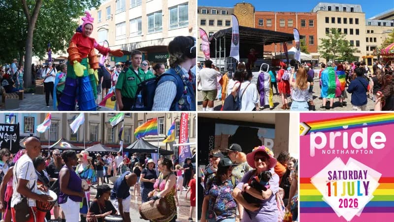 A collage showing various scenes from a Pride event, including people in colorful outfits, a street performer on stilts, drummers, and a poster advertising 'Pride Northampton' on 'Saturday 11 July 2026'.